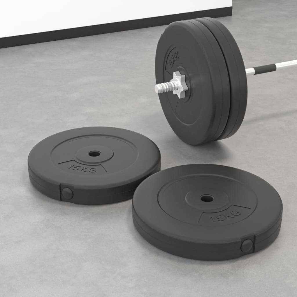 Weight Plates in black rubber material, round with 15 kg marking, paired with a barbell holding multiple plates.