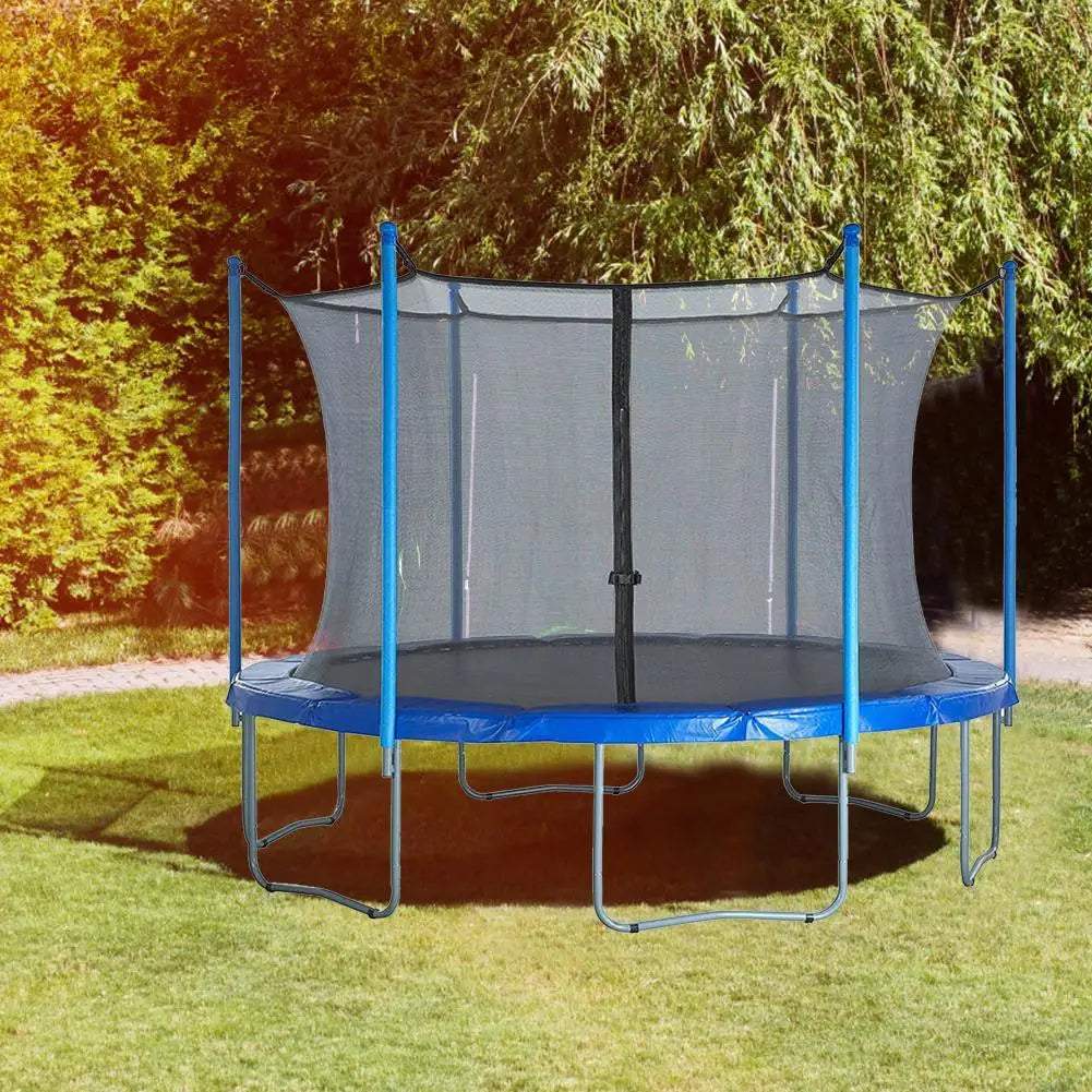 Sports & Outdoors with black jumping mat, blue padded edges, and safety net enclosure supported by blue poles for Sports & Outdoors.