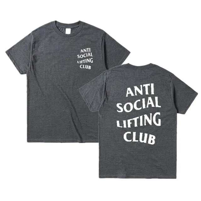 Apparel consisting of a charcoal grey cotton t-shirt with white text "ANTI SOCIAL LIFTING CLUB" printed on front and back sides.