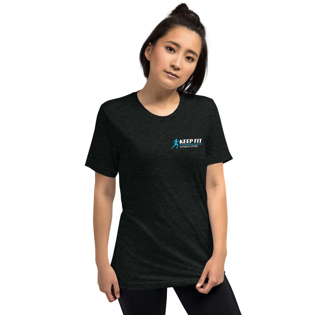 Women wearing a black cotton t-shirt with a small blue and white "KEEP FIT FITNESS STORE" logo on the chest