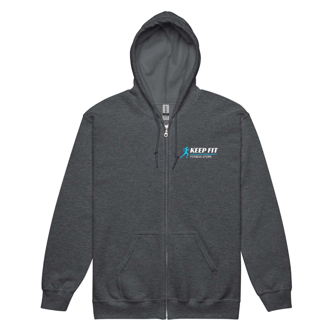 Men's dark grey zip-up hoodie with front pockets and "KEEP FIT FITNESS STORE" logo in blue and white on chest.