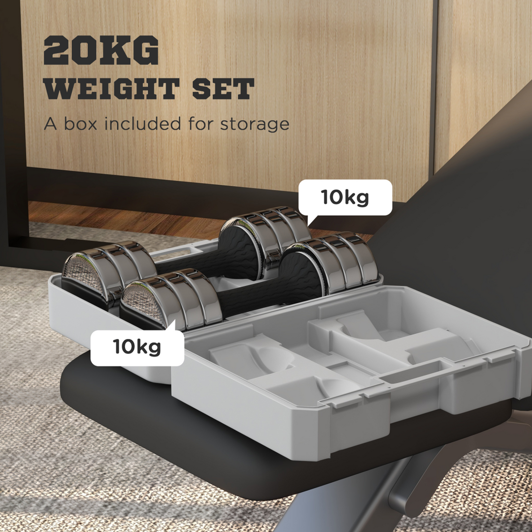 Adjustable Dumbbells Set, Free weights with Storage Box, 10kg x 2 Silver Black
