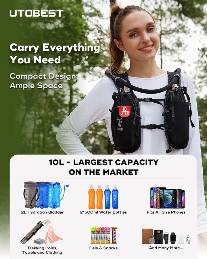 UTOBEST 10L Running Hydration Backpack Compatible With 2L Water Bladder Running Vest for Hiking Cycling