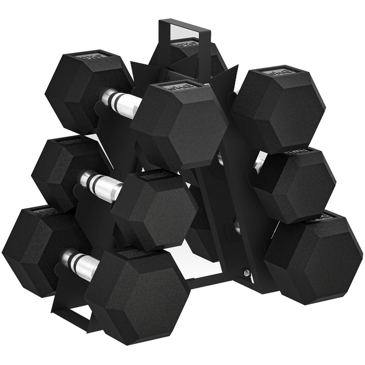 SPORTNOW 36KG Hex Dumbbell Set with Dumbbell Rack, Rubber Coated Weights